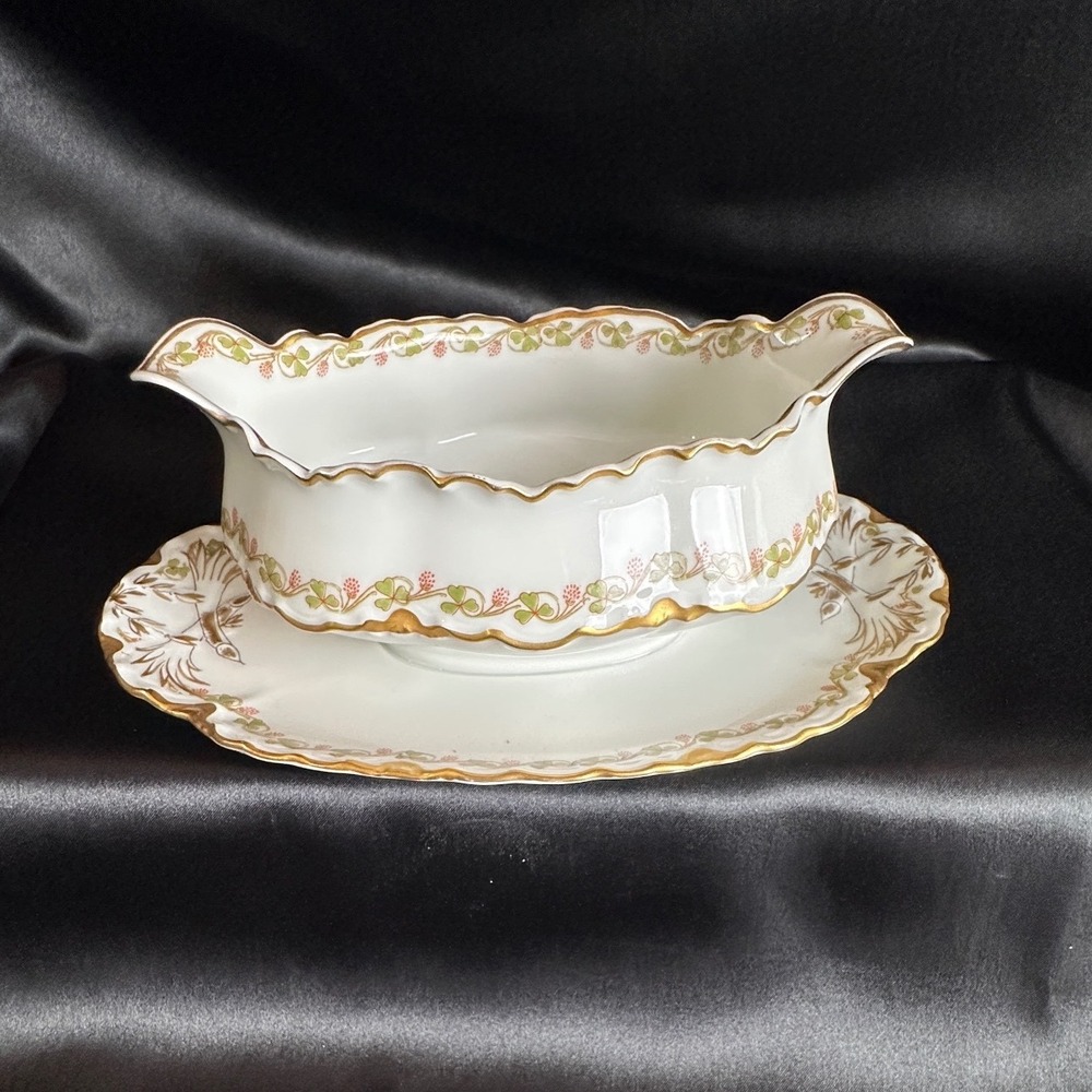 Haviland Limoges Gravy Boat Attached Underplate Schleiger 788 Floral Gold 9in